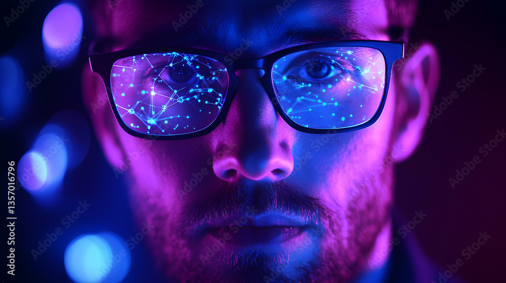 A man with technology reflected in his glasses bathed in neon lighting