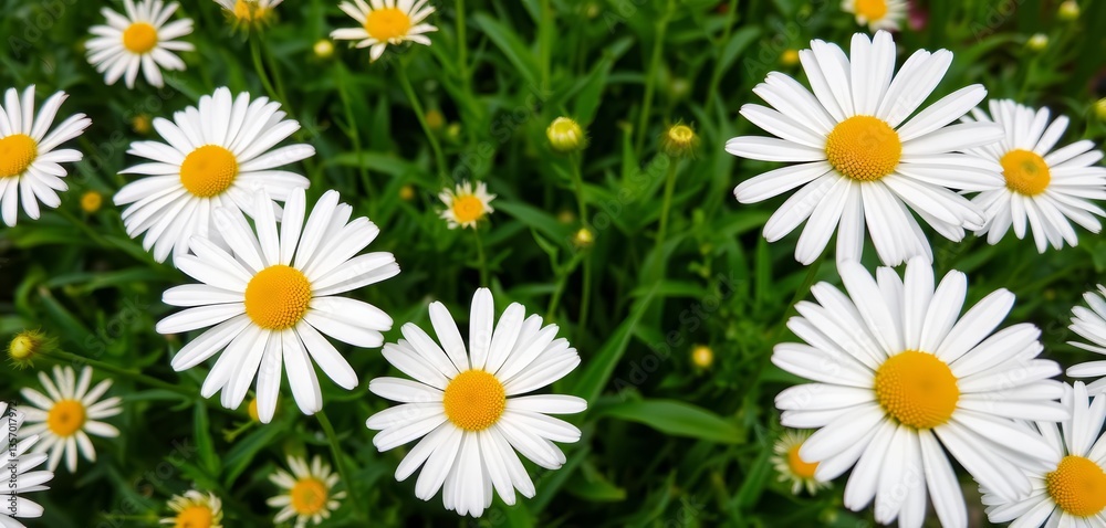 Vibrant white and yellow daisies bloom in a lush green garden, wallpaper, photography Vibrant white and yellow daisies bloom in a lush green garden, wallpaper, photography