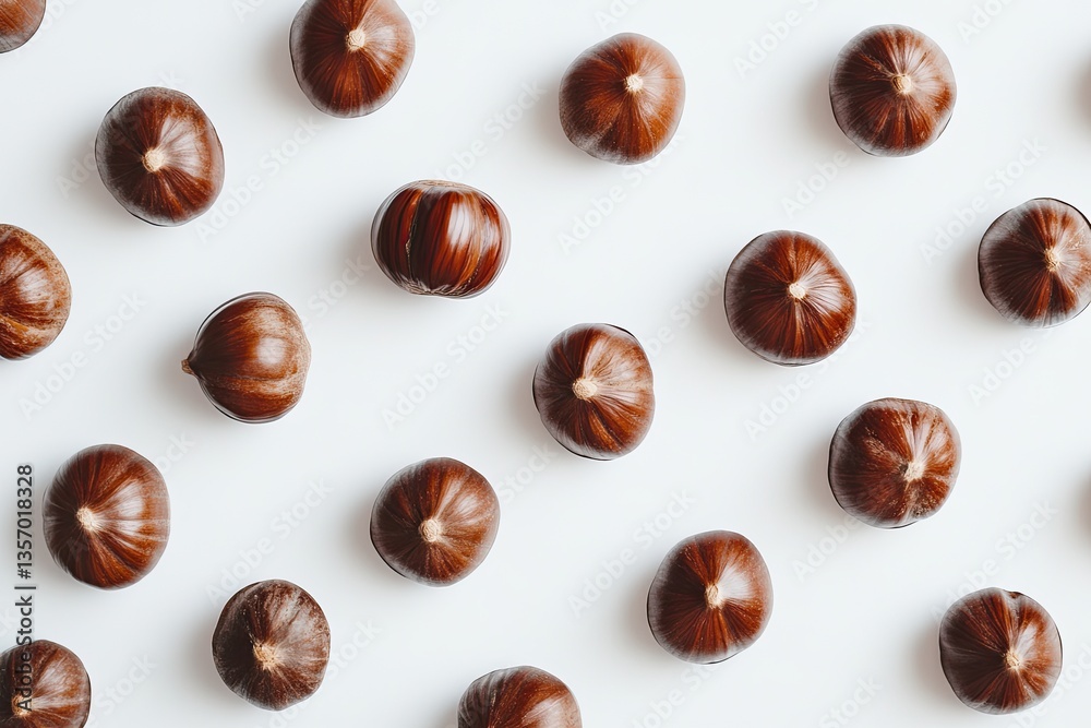 Brown chestnuts arranged in a symmetrical pattern on a white background Brown chestnuts arranged in a symmetrical pattern on a white background
