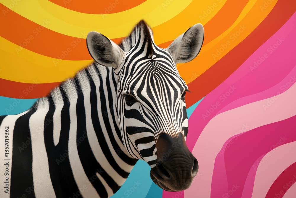 Fototapeta premium A zebra is staring at the camera in front of a colorful background. The zebra's black and white stripes contrast with the bright colors of the background, creating a visually striking image
