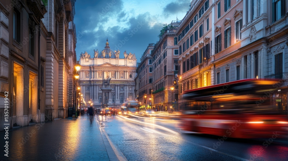 Naklejka premium Rome's Enchanting Twilight: St. Peter's Basilica and City Streets
