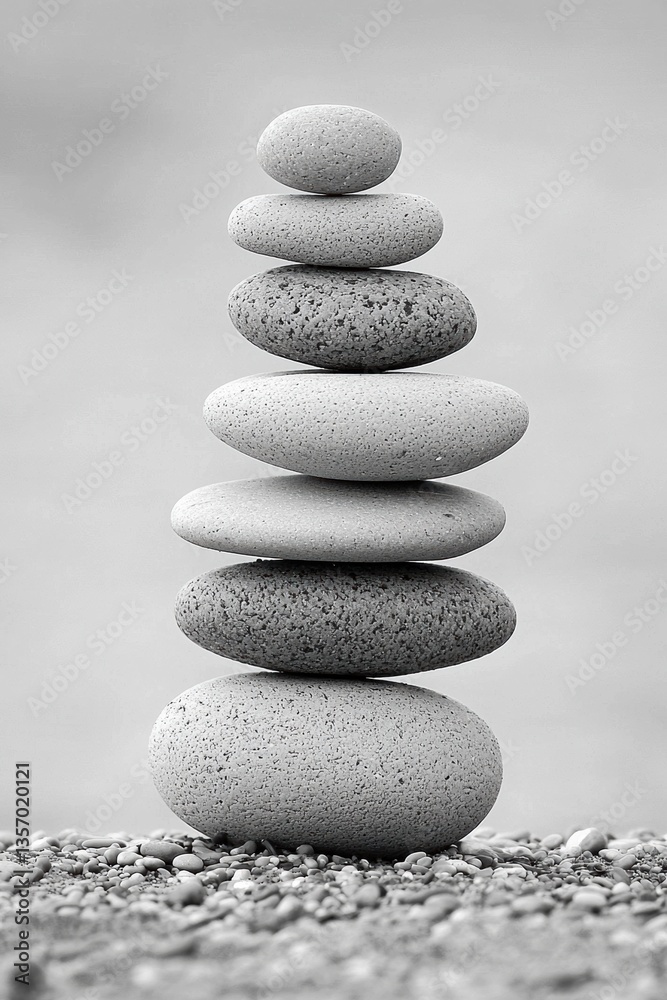 Balanced river stones towering vertically on light gray background Balanced river stones towering vertically on light gray background