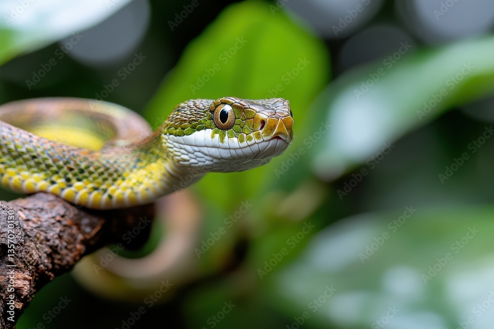 Fototapeta premium This enchanting image captures a colorful snake resting on a tree branch, revealing its vivid color patterns and serene presence among the lush foliage of the jungle.