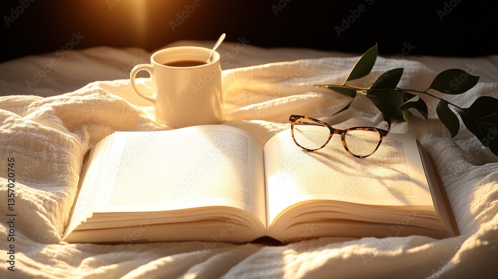 Naklejka premium Sunlit book, coffee, glasses, and greenery rest on a bed. Peaceful morning scene