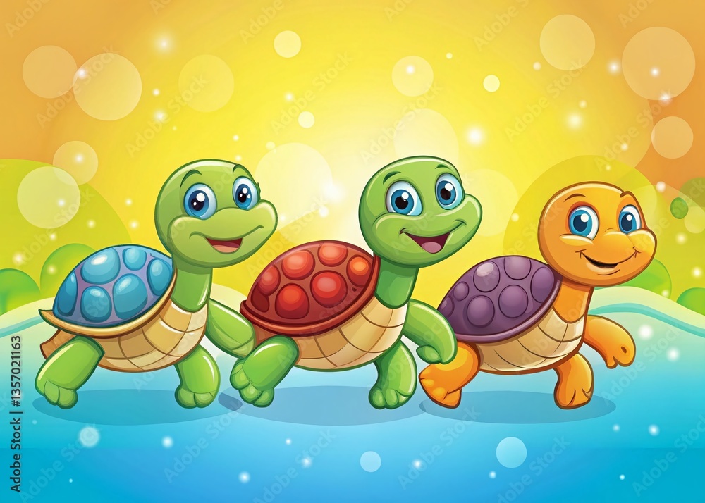 Obraz premium Adorable Cartoon Turtle Friends, Left-Positioned with Copy Space for Text