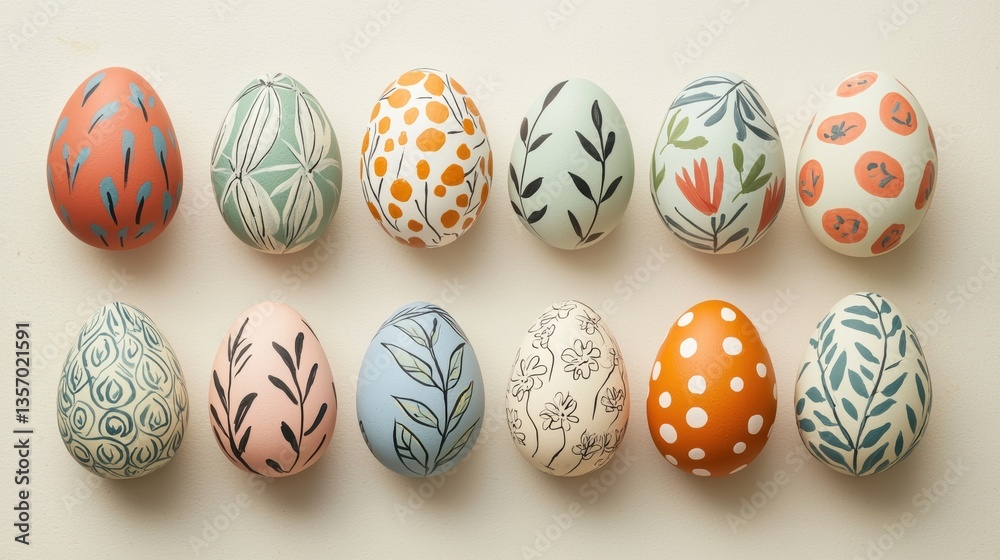 Handpainted easter eggs displaying scandinavian folk patterns on ivory backdrop Handpainted easter eggs displaying scandinavian folk patterns on ivory backdrop