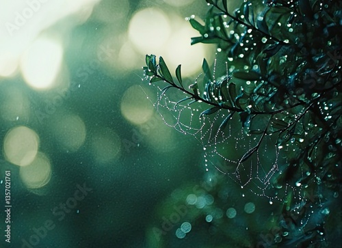 A beautiful spider web with dew drops on the edges of each thread, a blurred background of green nature, a macro photograph, high resolution, stock photography, high detail, hyper-realism. 