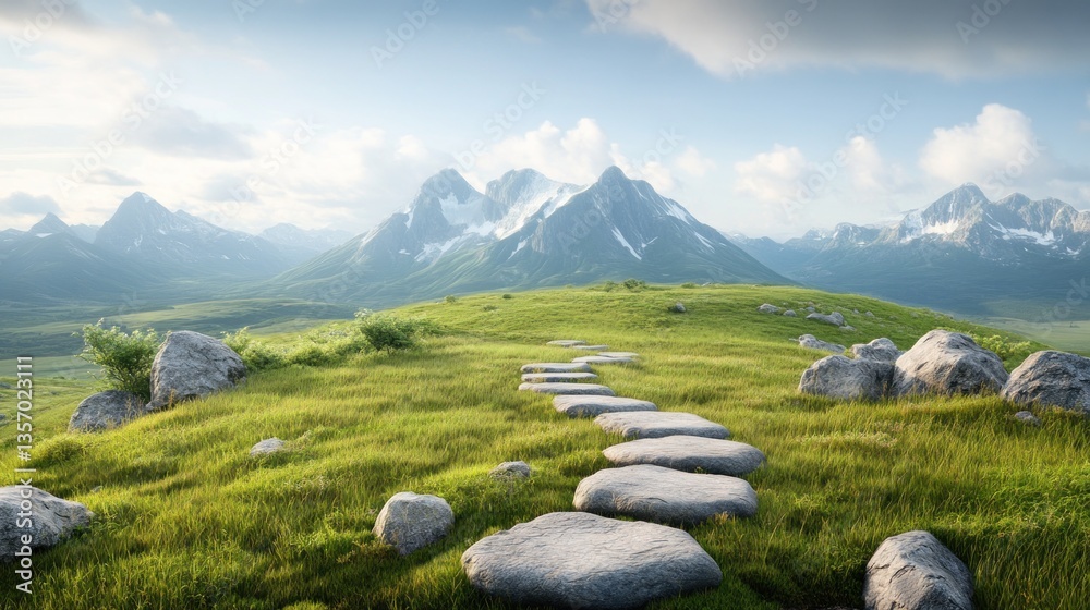 Fototapeta premium Serene stone path winding through lush green meadow towards majestic snow-capped mountains under a bright sky