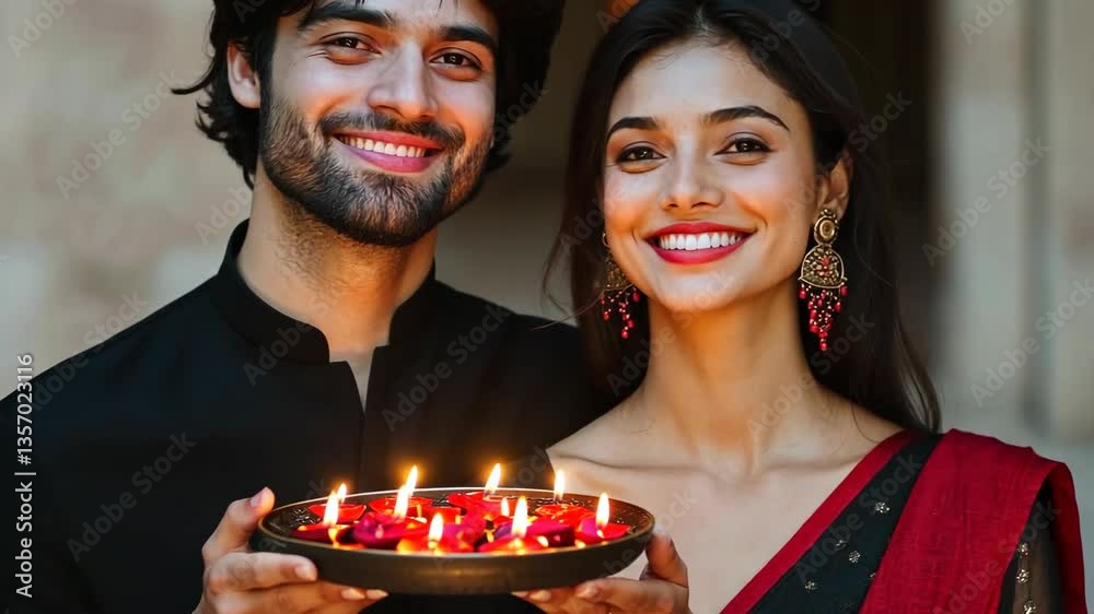 indian Couple holding oil lamps for Diwali celebration video footage. Happy woman and man in love celebrating festival of lights in India. Ethnic holiday motion clip.