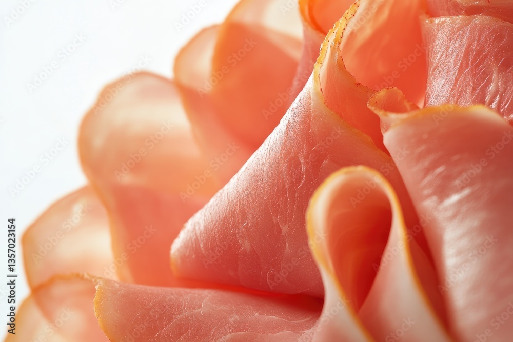 Close-up view of sliced ham. Layers of delicate, cured slices in a swirling pattern, showcasing a light, pinkish-red hue Close-up view of sliced ham. Layers of delicate, cured slices in a swirling pattern, showcasing a light, pinkish-red hue