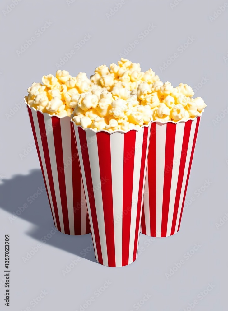 an image of two red and white striped paper popcorn boxes, there is a red and white striped cup of popcorn on a gray background an image of two red and white striped paper popcorn boxes, there is a red and white striped cup of popcorn on a gray background