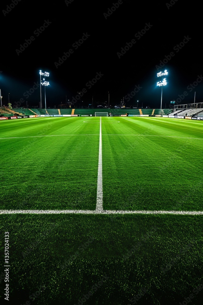 Fototapeta premium Empty Soccer Field At Night With Bright Stadium Lights And Striking White Line Markings