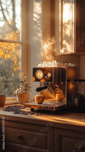 Golden-hour sunlight streams into a kitchen, illuminating an espresso machine brewing a cup of coffee. Coffee beans sit nearby