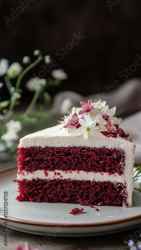 Side view of a perfect piece of delicious red velvet cake dessert on a plate decorated with pink tender flowers on dark blurred background
