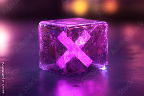 Purple and black dice with a cross on it on a table