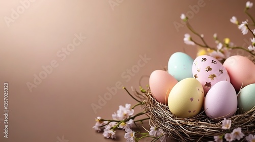  Spring Easter Scene with Delicate Bird Nest Holding Pastel Eggs and Blossoms on Minimalist Brown Background, Soft Lighting for Invitation Cards, Social Media Graphics or Textile Pattern Design.