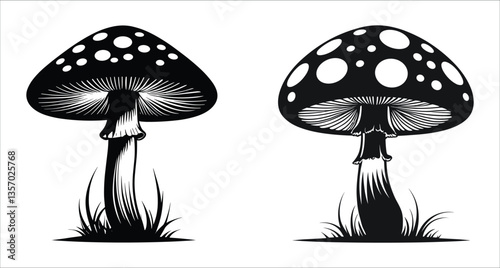 Mushroom silhouettes vector design with various fungi shapes. Black mushroom silhouettes vector design. Mushroom silhouettes icons vector. Forest mushroom silhouettes vector art