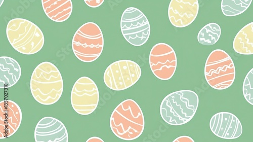 Abstract Easter Egg Vector Pattern with Blended Pastel Colors and Playful Line Art, Seamless Geometric Design on Green Surface for Mobile App UI Backgrounds, Social Media Graphics or Packaging Materia