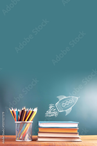 Schultafel, Bücher, Stift, Rakete