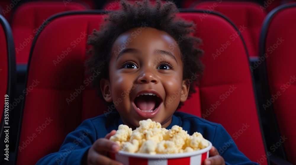 A young child beams with delight, popcorn in hand, fully immersed in a captivating movie experience at the cinema. Pure joy radiates from their infectious smile. A young child beams with delight, popcorn in hand, fully immersed in a captivating movie experience at the cinema. Pure joy radiates from their infectious smile.