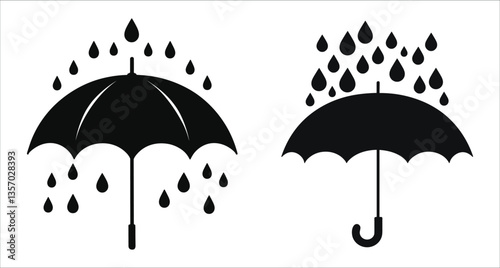 Umbrella and raindrops black silhouette vector design. Black and white raindrop silhouettes vector. Raindrop and umbrella silhouettes vector element. Umbrella with raindrops monsoon season icon vector