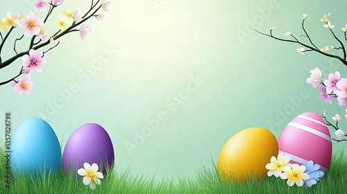 Easter Celebration Background with Brightly Colored Eggs on Fresh Green Grass and Blossoming Branches, Ultra-HD 4K Banner Template for Digital Advertising, Print Materials or Spring Event Promotions.