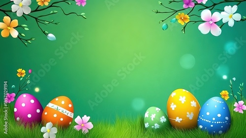 Colorful Easter Eggs on Lush Green Grass with Floral Branches and Spring Flowers, Vibrant Background Banner Template for Social Media Covers, Website Headers or Festive Digital Advertising Designs.