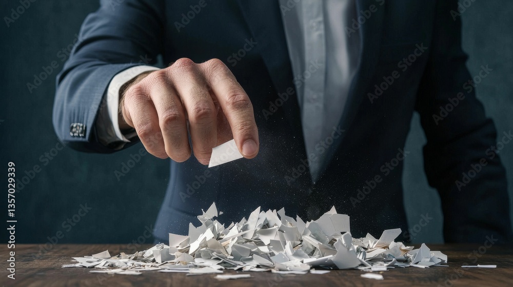 A suited hand drops a piece of paper onto a pile of shredded documents, symbolizing disposal, decluttering, or the end of a process.