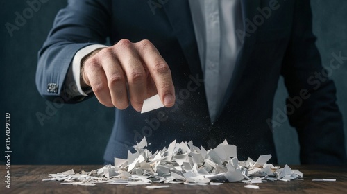 Obraz na płótnie A suited hand drops a piece of paper onto a pile of shredded documents, symbolizing disposal, decluttering, or the end of a process. w salonie