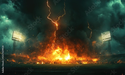 Dark clouds covered the sky, lightning struck the stadium, and smoke filled the air