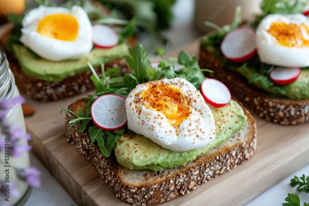 This image showcases vibrant avocado toast topped with poached eggs, arugula, and radishes, creating a delightful and fresh breakfast or brunch dish. This image showcases vibrant avocado toast topped with poached eggs, arugula, and radishes, creating a delightful and fresh breakfast or brunch dish.