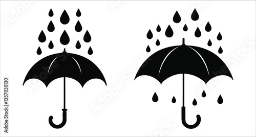 Umbrella and raindrops black silhouette vector design. Black and white raindrop silhouettes vector. Raindrop and umbrella silhouettes vector element. Umbrella with raindrops monsoon season icon vector