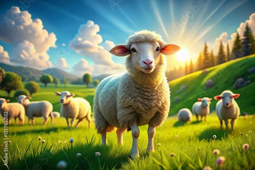 Adorable Sheep Grazing on Lush Green Pasture, Cute Farm Animal Stock Photo