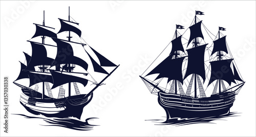 Sailing ship silhouettes black icons vector design. Sailing ship silhouettes vector illustration. Black sailing ship silhouettes vector. Pirate and merchant sailing ship silhouettes vector