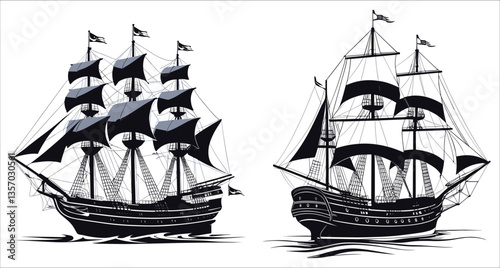 Sailing ship silhouettes vector design. Black silhouettes of sailing ships vector art. Black and white sailing ship silhouettes for ocean themed, Old wooden sailing ship silhouettes vector for ocean