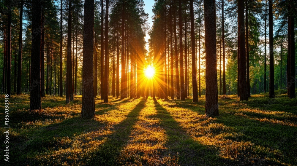Fototapeta premium Sunlight streams through pine forest at sunset
