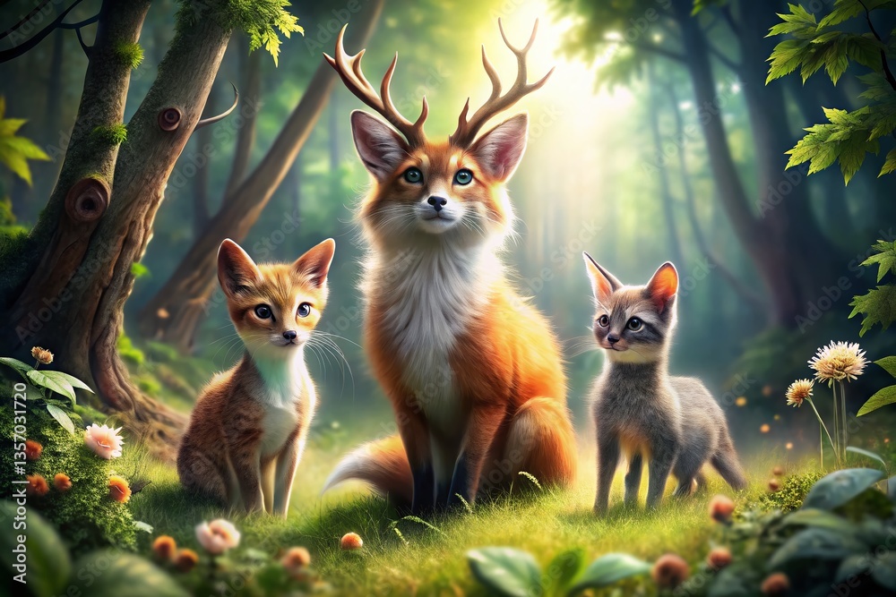Fototapeta premium Adorable Trio: Pretty Cat, Fox, and Deer in Forest Setting - Stock Photo