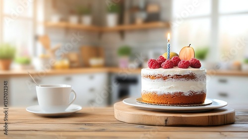 Birthday cake on kitchen table with tea cup, blurred background