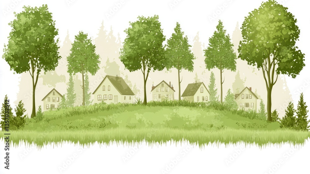 Obraz premium Green hillside village, forest background, peaceful scene, nature illustration