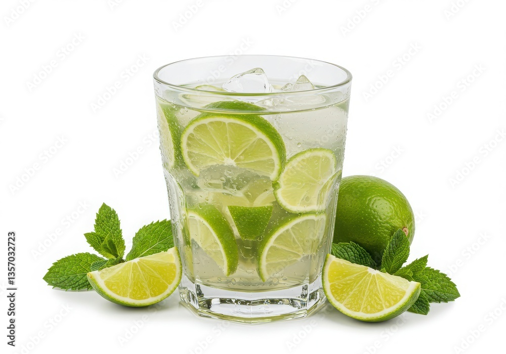 A refreshing caipirinha cocktail with limes ice and mint on a bright white seamless background scene shot A refreshing caipirinha cocktail with limes ice and mint on a bright white seamless background scene shot