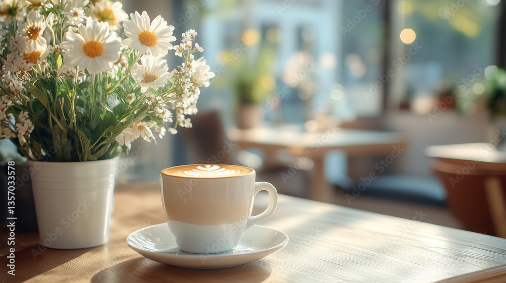 Cozy cafe setting with latte and charming floral decorations during golden hour Cozy cafe setting with latte and charming floral decorations during golden hour