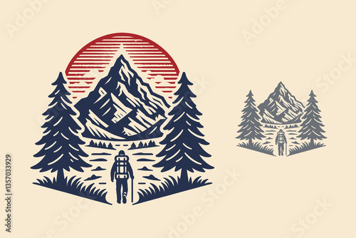 Hiker with backpack walking toward mountain, vintage vector icon