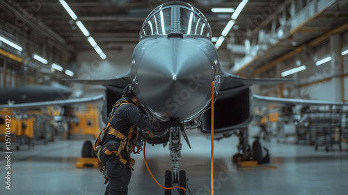 Technician Inspecting a Fighter Jet in Hangar