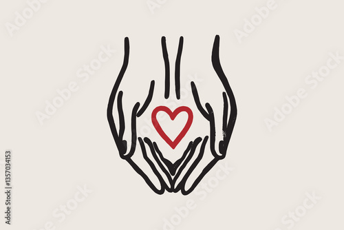 Hand-drawn hands holding a heart, symbol of kindness and charity