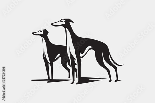 Hand-drawn black and white illustration of two graceful greyhounds