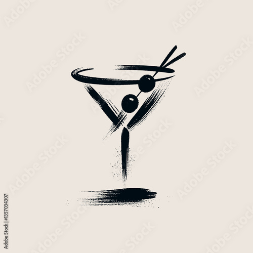 Hand-drawn black and white martini glass with two olives on a stick