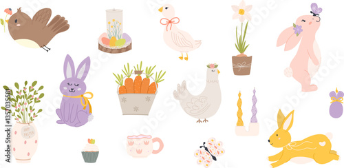 Cute hand drawn collection of Easter elements. Bunny, carrot, flowers, candle, chicken, goose, butterfly, daffodil. Charming design for decor, cards, clipart, scrapbooking.
