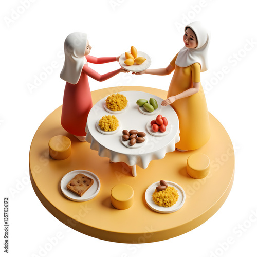Eid Feast Illustration: Biryani, Sweets, and Dates,3D Render of Traditional Eid Celebration Meal,Eid al-Fitr Food: Biryani, Dates, and Festive Treats,Ramadan Feast: 3D Image of Eid Celebration Table