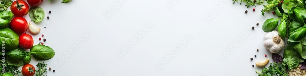 Fresh Ingredients Border Basil, Tomatoes, Garlic on White Background with Copy Space Fresh Ingredients Border Basil, Tomatoes, Garlic on White Background with Copy Space