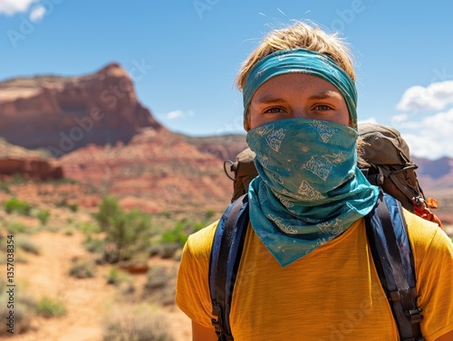person wearing bandana as face covering while hiking in desert landscape, showcasing determination and adventure. vibrant colors of bandana and shirt contrast with earthy tones of surroundings